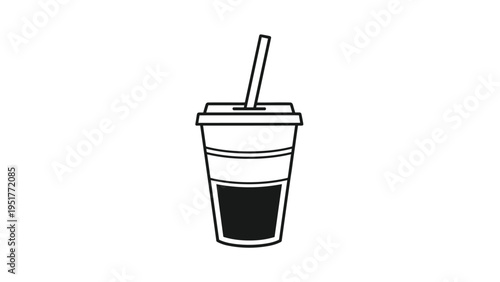 Simple line drawing of a disposable plastic cup with a lid and a straw containing a dark liquid on white background.
