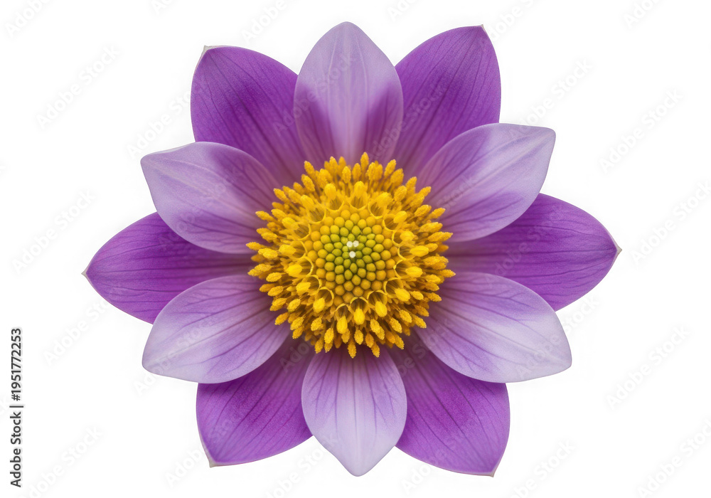 Fototapeta premium Vibrant purple flower with yellow center isolated on transparent background