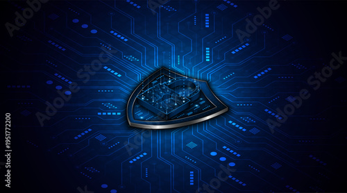 Cyber ​​security concept with shield symbol and lock. Data protection and cyber privacy. Innovative concept of advanced safety technology