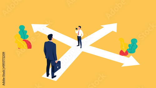 Businessman stands at the intersection of four arrows pointing in different directions deciding which path to take.