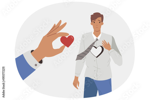 Businessman lost heart due to betrayal of partner or company employee who stole idea for startup. Young guy office worker with broken heart needs to restore relationship with girlfriend