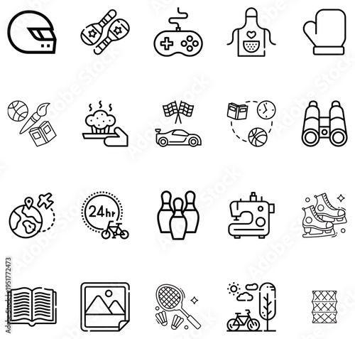 Collection of black line representing hobbies and activities a white background hobby