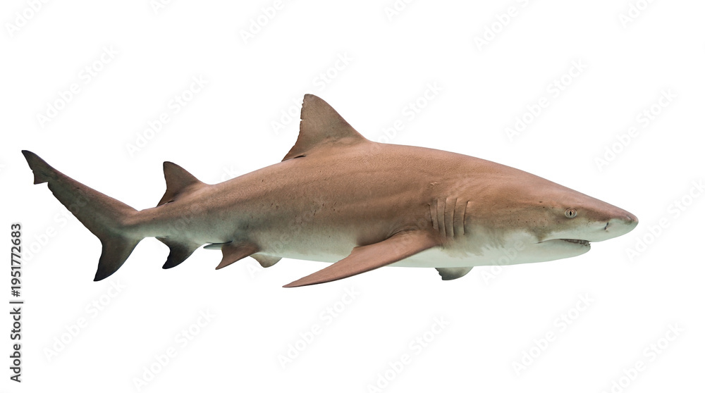 Fototapeta premium A powerful brown-grey shark swimming gracefully, isolated PNG on transparent background, ideal for marine life projects and education