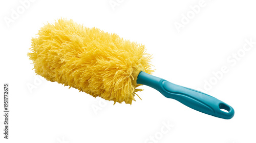 Obraz na płótnie Bright yellow microfiber duster with a teal blue ergonomic handle, an essential