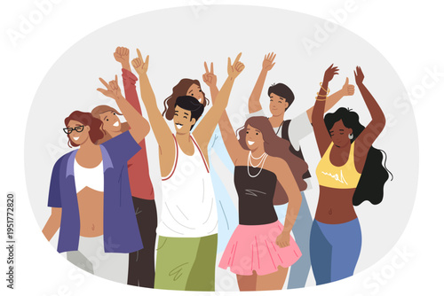 People dance at disco in nightclub or at music festival with good concert program. Men and women dance at discotheque enjoying nightlife and opportunity to forget about problems or difficulties