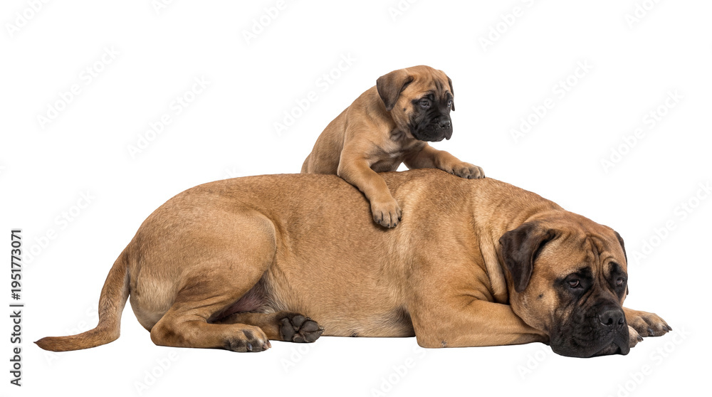 Obraz premium Adorable fawn Bullmastiff puppy resting playfully on its large adult mother s back, both dogs isolated on transparent background, a heartwarming family portrait PNG