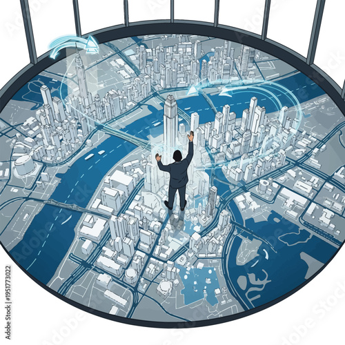 Man standing in futuristic city hologram projection.
