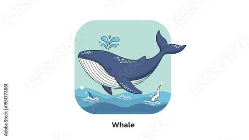 Friendly blue whale swims gracefully in the ocean with water spouting from its blowhole in a charming cartoon illustration style.