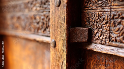 Close-up side view of an ancient wooden door, showcasing intricate carvings on the door jamb and a heavy metal hinge. Textured wood grain, detailed craftsmanship, soft directional light.