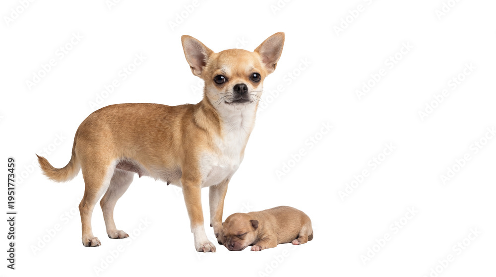 Obraz premium Adorable chihuahua mother dog standing next to her tiny sleeping puppy, isolated on transparent background, a heartwarming family portrait PNG