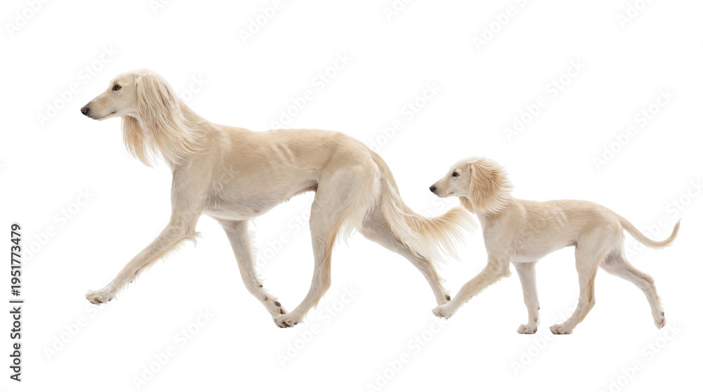 Fototapeta premium Elegant adult Saluki dog and its charming puppy walking in unison, their graceful figures perfectly isolated, high-quality PNG image
