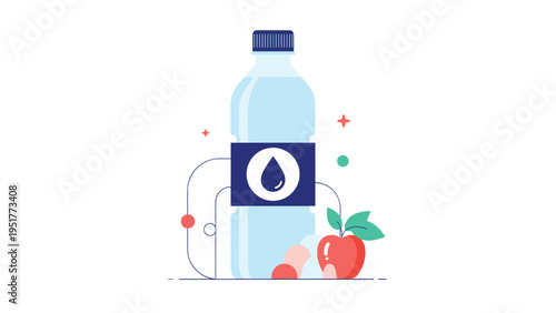 Refreshing water bottle with a blue drop icon on the label standing next to a fresh red apple on a white background.