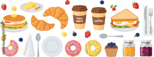 Breakfast Cafe Food Set with Croissant, Donuts, Coffee Cups, Sandwich, Jam Jars and Berries Vector Illustration