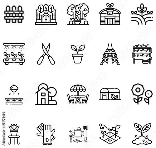 Collection of Garden and Agriculture Featuring Plants and Tools