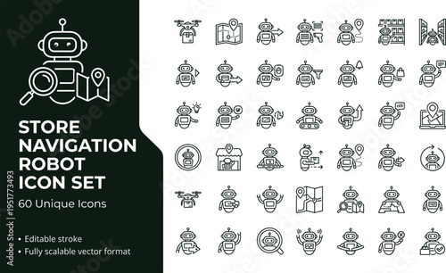 Store navigation robot icon set with smart indoor positioning automation technology symbols for mobile apps websites dashboards and digital platforms