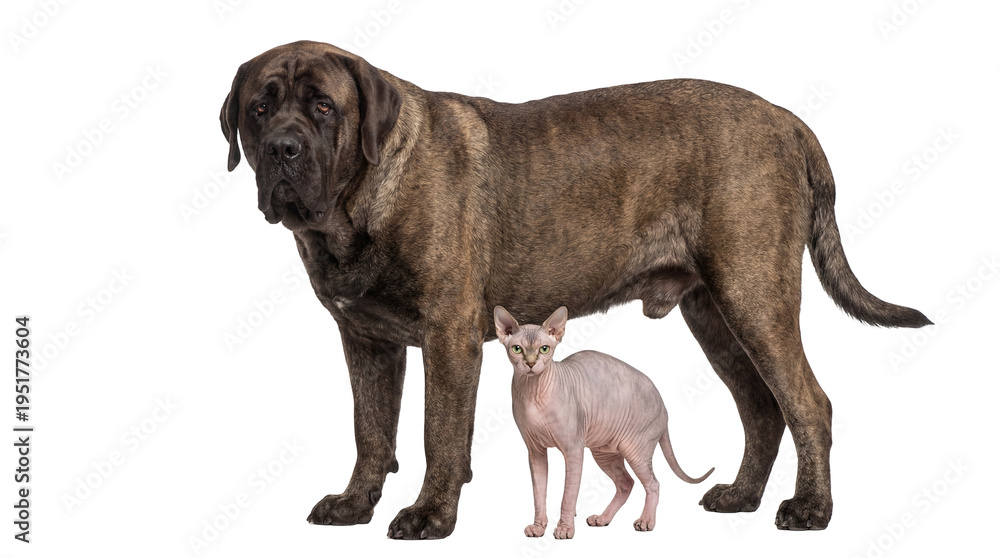 Obraz premium Majestic brindle English Mastiff dog standing beside a small, hairless pink Sphynx cat, both pets looking at camera, isolated PNG for pet-themed designs