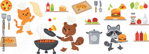 Cute Animal Fast Food Cooking Collection with Cat Bear Raccoon Characters Making Pizza Burgers BBQ Kitchen Ingredients Cartoon Vector Illustration Set