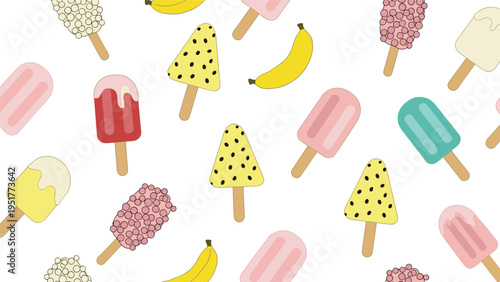 Fun and colorful seamless pattern displays various ice cream popsicles on sticks mixed with yellow bananas on a white background.