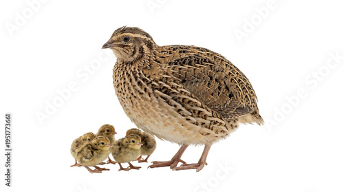Fotografie Adult quail bird with four fluffy baby chicks, a family group of game birds isol