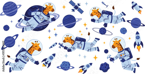 Cute giraffe astronaut characters floating in space with planets rockets satellites and stars cartoon vector illustration set
