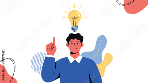 Man points his finger upwards with a glowing lightbulb above his head symbolizing he has a great new idea and insight.