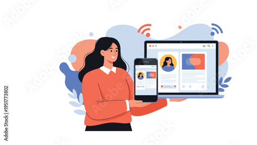 Woman presenting cross-platform application interface on laptop and smartphone screens with wireless connection symbols.