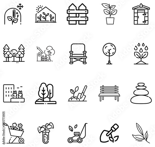 Collection of gardening and nature related line white background plant