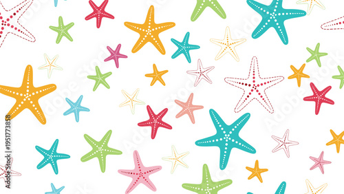 Bright seamless pattern showcases many colorful starfish in various sizes scattered across a clean white background for summer themes.