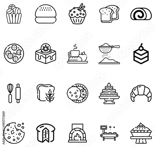 Collection of Line Representing Baked Goods and Bakery food bread