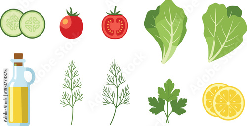 Fresh salad ingredients set with cucumber tomato lettuce olive oil lemon dill and parsley healthy food vector illustration