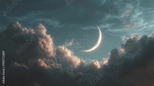 Crescent Moon Shining Through Clouds.
