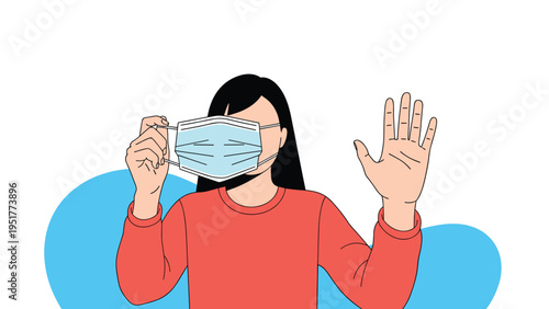 Person putting on a light blue medical face mask while holding up a hand in a stop gesture for safety and prevention.