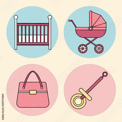 Baby including crib, stroller, handbag, and rattle baby crib colorful