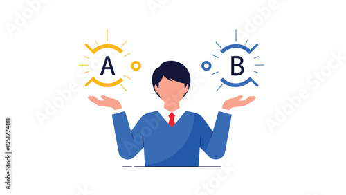Businessman holding out hands to choose between two options labeled as alternative A and alternative B in a decision process.