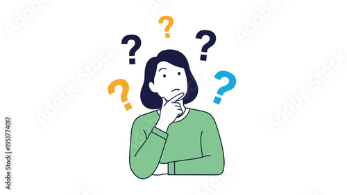Thoughtful woman with a confused expression surrounded by several colorful floating question marks above her head.