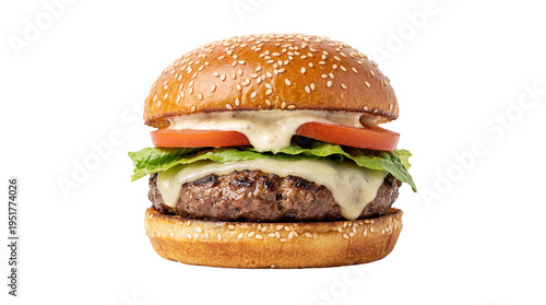 фотографія Delicious gourmet cheeseburger with melted cheese, fresh lettuce, ripe tomato, a