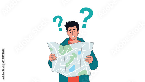 Confused male traveler looking at a paper city map with question marks floating above his head to find directions.