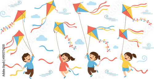 Happy kids flying colorful kites in windy sky outdoor fun childhood play cartoon vector illustration set