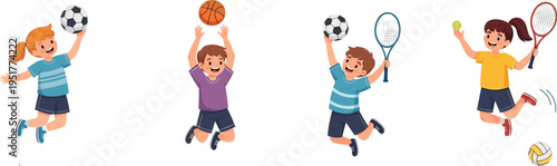Happy kids playing sports with soccer basketball tennis baseball volleyball active children cartoon vector illustration set