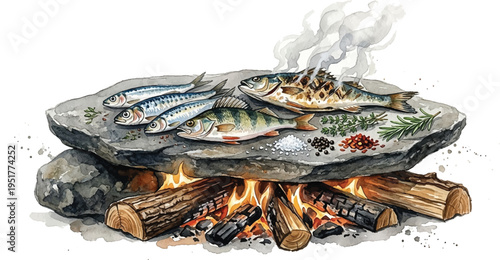 Campfire Grilled Sardines: Rustic Whole Fish Cooking on Hot Stone Over Open Fire Illustration