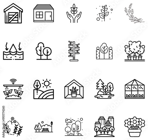 Collection of line representing farming gardening and urban green spaces nature agriculture