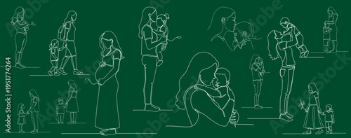 Minimal continuous line drawing set of mother and child moments, pregnancy, parenting and family love collection for Mother’s Day and emotional care concept