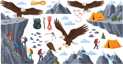 Mountain Adventure and Hiking Vector Set with Climbers, Camping Tents, Eagles, Gear and Outdoor Exploration Scenes