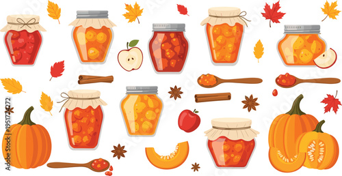 Autumn Jam Illustration Set with Pumpkin, Apple Preserves, Glass Jars, Spices and Fall Leaves, Homemade Seasonal Food Collection for Cozy Harvest Design