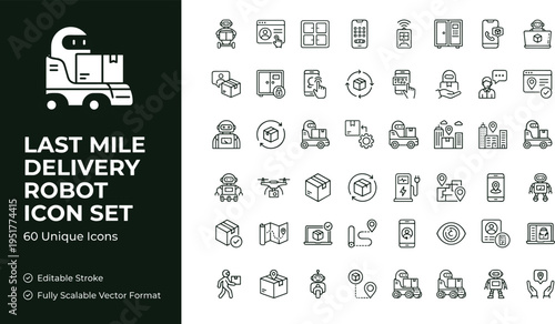 Last mile delivery robot icon set with smart logistics transportation technology symbols for mobile apps websites and digital interfaces