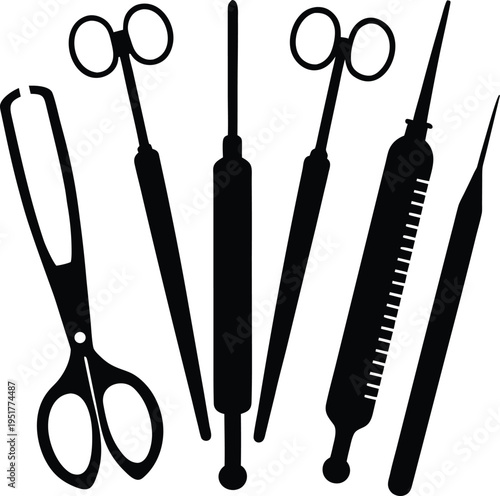 Surgical medical instrument collection silhouette illustration