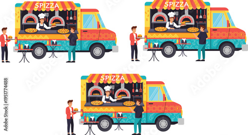 Street Food Pizza Truck Scene with Chef Serving Pizza Burgers and Drinks Mobile Fast Food Vendor Cartoon Vector Illustration