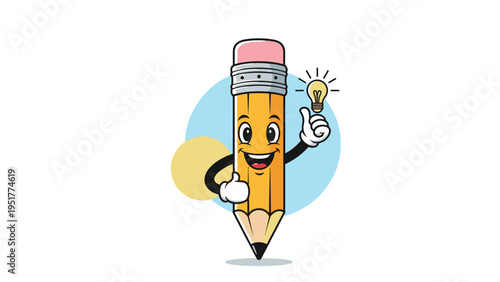 Intelligent cartoon pencil character with a smiling face gives a thumbs up while a glowing lightbulb signifies a new bright idea.