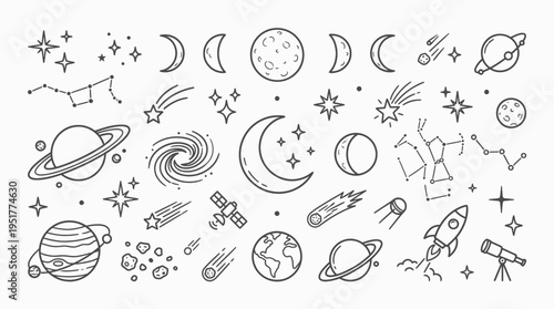 Celestial bodies, constellations, and space exploration elements in a doodle style