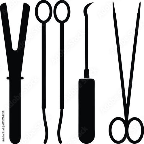 Surgical medical tool set silhouette illustration 